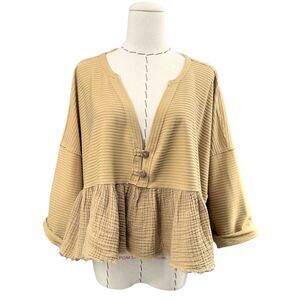 We The Free Dallas Crop Henley Peplum Button Front Ribbed Raw Hem Womens Medium